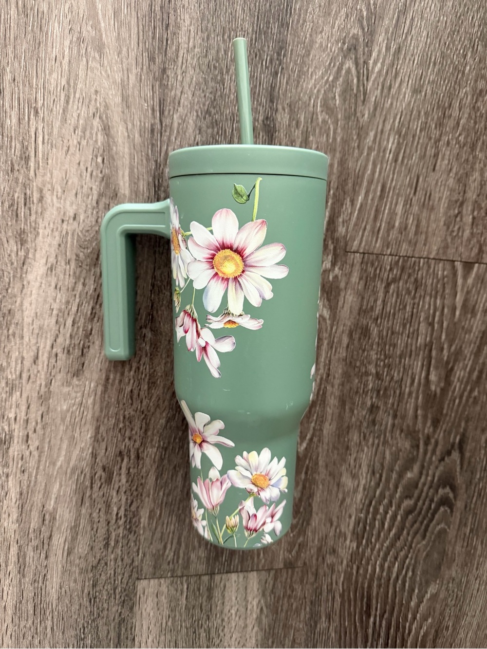 Green Floral Insulated Travel Tumbler with Handle and Straw